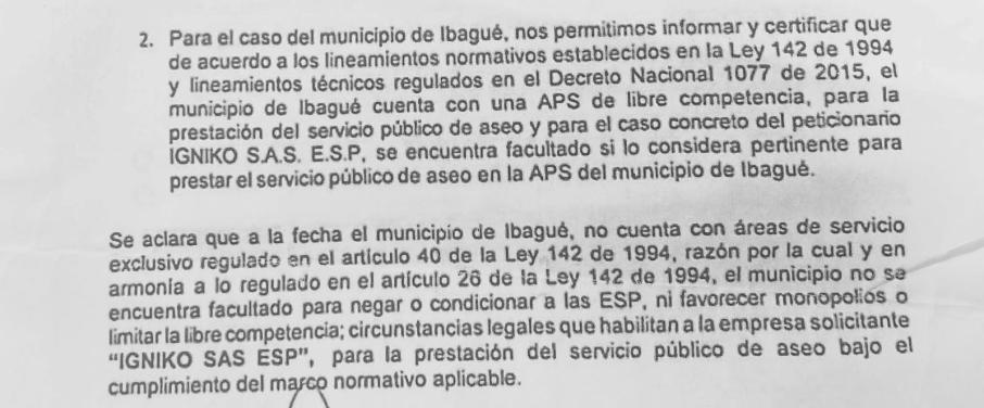 texto legal sobre la libre competencia para las empresas de aseo en ibagué igniko